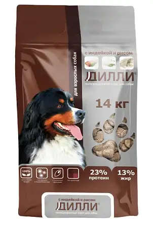 Купить Дилли сухой корм для взрослых собак всех пород с индейкой и рисом