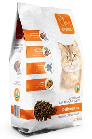 Купить clan classic delicious 32/15 сухой корм для взрослых кошек, с индейкой и белой рыбой